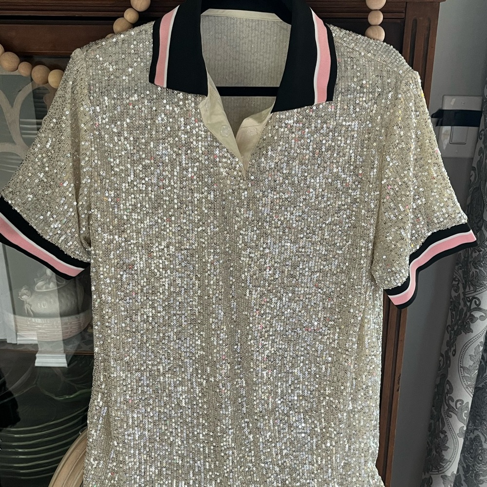 New!!!! Anewsta Womens Sequin Polo Shirt with Black and Pink Trim NewWT size XL